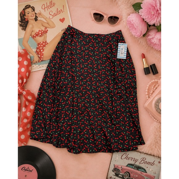 Tulip B Dresses & Skirts - Tulip B Cherry Print Midi Skirt NWT Medium Black Red Pockets